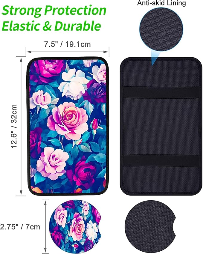 JANENFNA Car Armrest Cover Pads Universal Fashion Cute Auto Center Console Armrest Cover Pad with 2PCS Car Coasters Soft Waterproof Car Armrest Seat Protector for Women,Colorful Rose