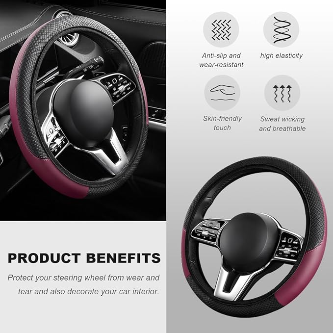 Car Steering Wheel Cover, 15 Inch Carbon Fiber Elastic Vehicle Steering Wheel Protector, Breathable Leather Auto Wheel Covers for Women Men, Interior Car Accessories (Wine Red, AD)