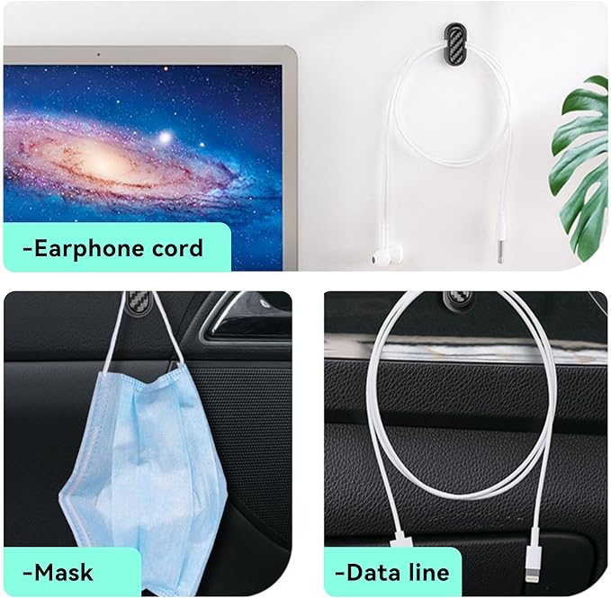 4 PCS Car Mini Hooks, Strong Self-Adhesive Backseat Hangers, Universal Hook Stickers for Key Charging Cable Earphone Car Interior Accessories (Carbon Fiber)