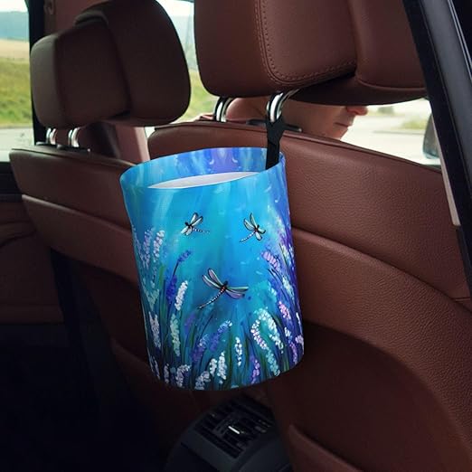 Purple Flowers and Cute Dragonfly Car Trash Can Leak Proof Hanging Waterproof Garbage Can Multipurpose Trash Bin for Car SUV Front Seat Headrest Collapsible and Portable Storage Pocket