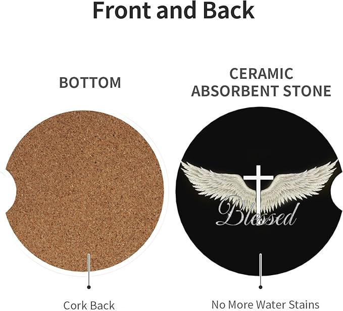 HUWAAI Blessed Cross Wing Car Cup Holder Coasters 2 Pack Universal 2.63 Inch Anti Slip Ceramic Absorbent Coaster with Cork Base and Finger Notch Cute Car Accessories Interior for Women