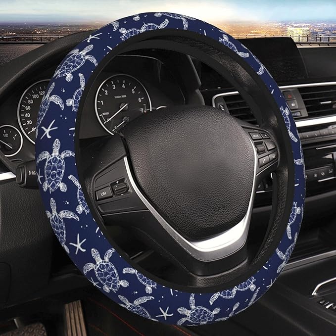 Blue Starfish Turtle Steering Wheel Cover for Women Men Girls, Car Accessories Decor Thickened Anti-Slip Auto Steering Wheel Covers Protector Universal Fit 15 Inch for Cars, Truck, SUV