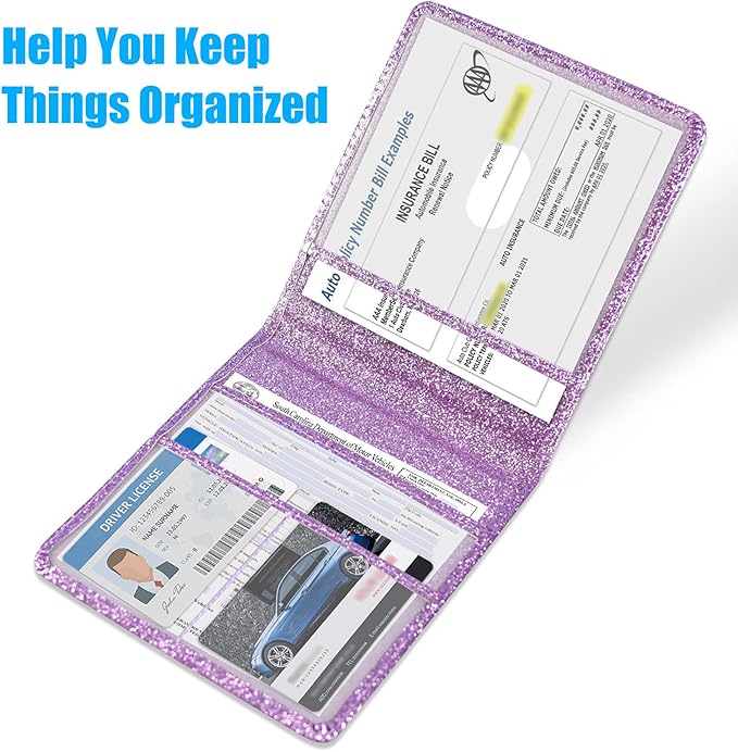 DMLuna Car Registration and Insurance Holder, Folio Leather Vehicle Card Document Glove Box Organizer, Driver License Cards, Glitter Purple