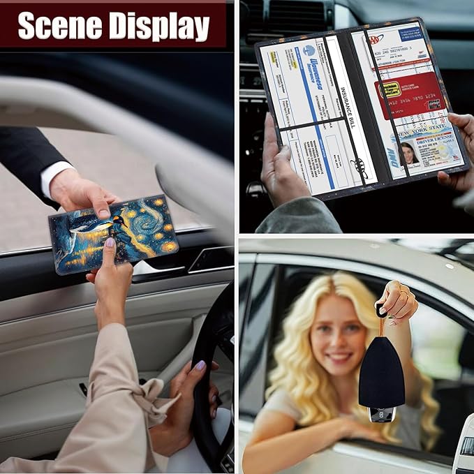 Car Document Holder with Magnetic Shut, Car Registration and Insurance Card Holder, Vehicle Glove Box Organizer Documents, Driver License, Auto Paperwork Organizer Wallet, Penguin Under The Starry Sky