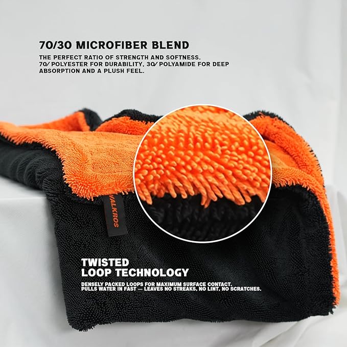 VALKROS X- Large Car Drying Towel, 36x24 Microfiber Towels for Cars, 1300 GSM, 70/30 Blend, Dual-Sided Highly Absorbent Twisted-Loop Edgeless Car Detailing Cloth, Scratch/Streak-Free [Orange/Black]