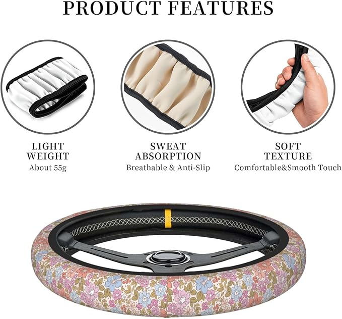 Pink Garden Plants Floral Neoprene Steering Wheel Cover Anti-Slip Elastic Steering Wheel Protective Cover 15in Universal Flower Car Accessories Fit Cars, SUVs, Auto