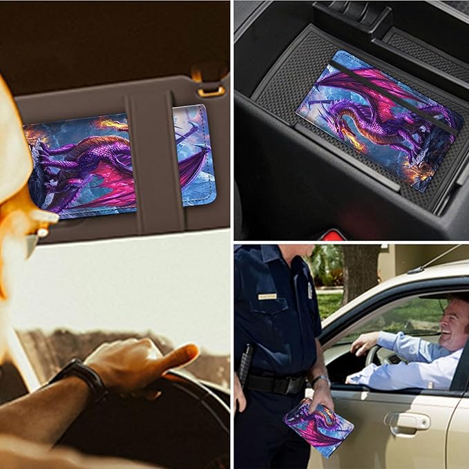 RAUEDWDJS Car Registration and Insurance Holder,Leather Vehicle Glove Box Organizer Wallet Case for Driver's License,ID Key Information Cards-Fire-breathing Dragon