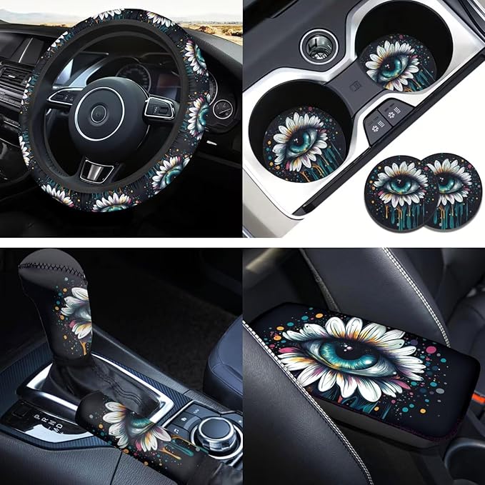 6pcs Big Eye Women Men Steering Wheel Cover Funny Cry&Tears Car Armrest Cover Handbrake Cover Cup Coaster Car Interior Decor Fit Auto,Suvs,Truck