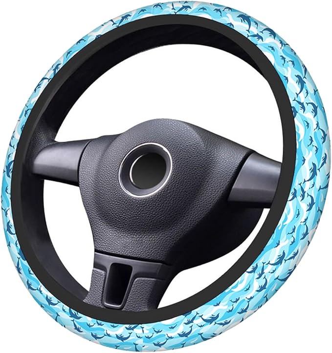 Swono Swimming Dolphin Steering Wheel Cover Cartoon Swimming Dolphin On Sea Wave Blue Background Universal 15 Inch Auto Car Steering Wheel Covers SUV Anti Slip Wheel Wrap Protector for Men Women
