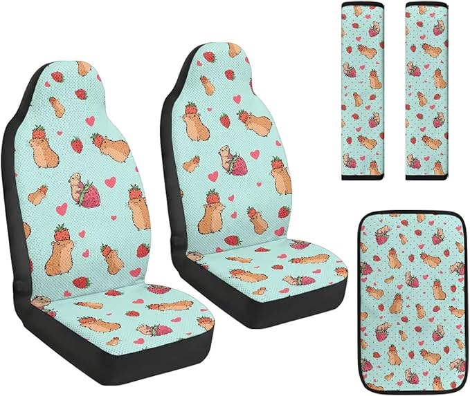Qeluxign 5 Pieces Car Seat Cover Full Set, Capybara Strawberry Heart Seat Covers Car Seatbelt Pads Vehicle Center Console Armrest Cover Pad for Truck SUV Sedan Automotive Interior Accessorie
