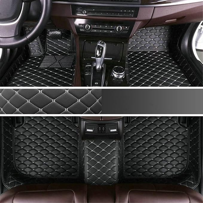Custom Making Car Floor Mats for 96% Car Model Luxury Leather All Weather Waterproof Anti-Skid Full Coverage Liners (Black mat Beige line)