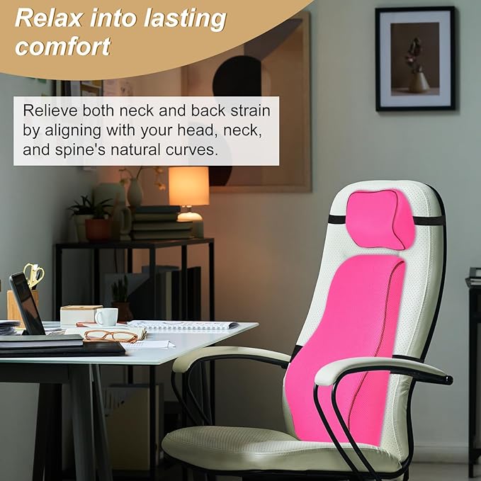 HARFINGTON Car Headrest & Lumbar Support Pillow Kit Memory Foam Ergonomic Seat Headrest & Lumbar Cushion for Driving Home Office Car Seat, Rose Red