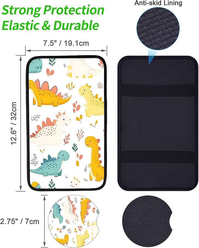 JANENFNA Car Armrest Cover Pads Universal Fashion Cute Auto Center Console Armrest Cover Pad with 2PCS Car Coasters Soft Waterproof Car Armrest Seat Protector for Women,Cute Dinosaur