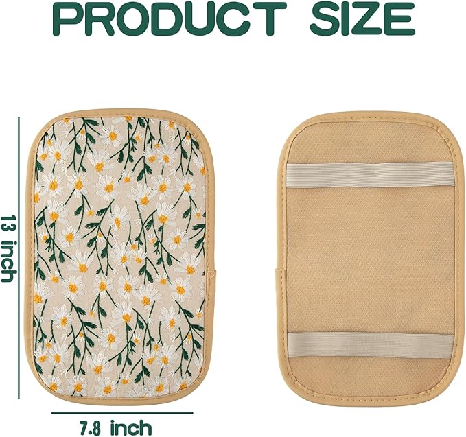 Embroidered Flowers White Cute Daisy Car Armrest Storage Box Mat,Embroidered Car Center Console Cover, Car Armrest Seat Box Cover Accessories Interior Protection for Most Vehicle, SUV, Truck, Car