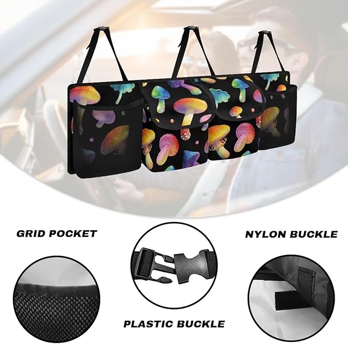 Colorful Mushroom Car Trunk Hanging Organizer, Thick Backseat Storage Bag with 2 Pockets and 3 Adjustable Shoulder Straps, Foldable Interior Accessories Valentine Decoration