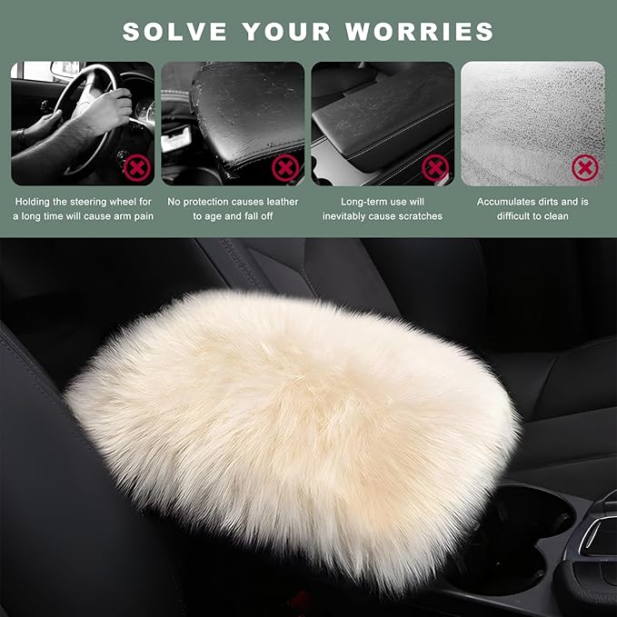 Furry Car Center Console Cover Pad, 11.8"×7.9" Auto Fluffy Plush Center Armrest Protective Cover, Comfortable Fuzzy Armrest Seat Box Protector Cushion for Cars Trucks SUVs (Light Beige)