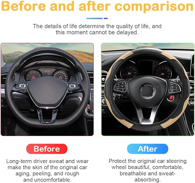 Car Steering Wheel Cover, 15 inch Carbon Fiber Microfiber PU Leather Elastic Steering Wheel Protector for Men Women, Anti-Slip Breathable Car Interior Accessories for Most Cars (Black/Beige)