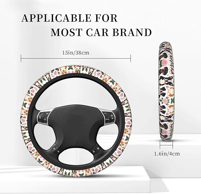 Cute Dogs Neoprene Steering Wheel Covers Women Men Car Accessories, Universal 15 Inch Fit Auto, Suvs, Truck