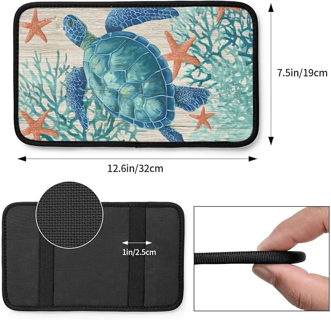 Sea Turtle Center Console Cover Pad, Nautical Starfish Coral Car Armrest Seat Box Cover Cushion Universal for Most Vehicle SUV Truck, Car Interior Accessories Decor, Protect from Pet Claws & Dirt