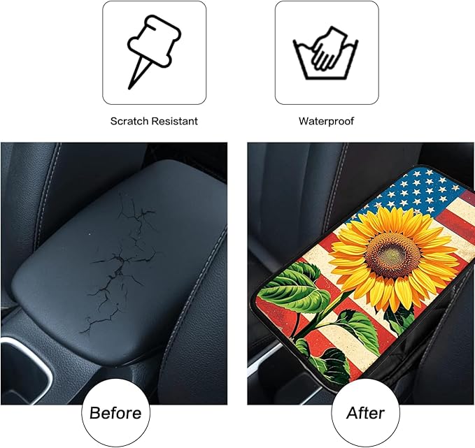 JANENFNA Car Armrest Cover Pads Universal Fashion Cute Auto Center Console Armrest Cover Pad with 2PCS Car Coasters Soft Waterproof Car Armrest Seat Protector for Women,Flag Sunflower