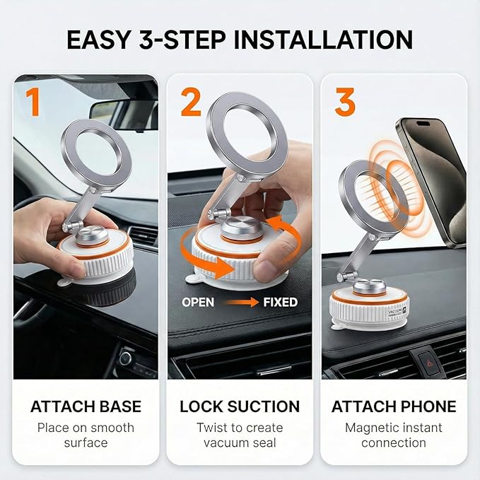 makecatch Vacuum Magnetic Car Phone Mount, 120+ LB Vacuum Suction & 3000gf Magnetic Force, 360° Triple-Axis Adjustable Car Holder for iPhone & All Phones, Twist-Lock Suction Cup, Quick-Release – White