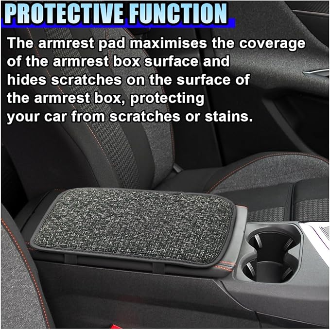 Car Center Console Armrest Pad, Linen Fabric Auto Armrest Box Protector Cover, 11.6 × 7.7 Inch Vehicle Middle Console Mat, Universal Interior Decoration Accessory for Car, SUV, Truck (Grey)
