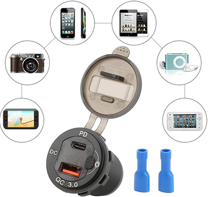 Car Charger Socket, USB Car Charger Adapter QCPD Fast Charging 12‑24V Waterproof Voltage Display Universal for Motorcycles Motorhomes Yachts