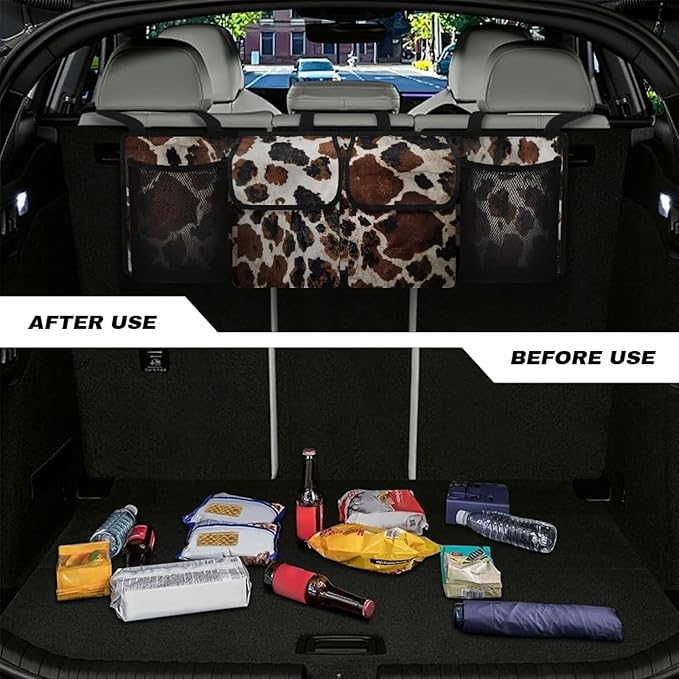 Brown Cow Print Car Trunk Organizer with 4 Pockets, Lightweight Car Storage Organizer Oxford Cloth (37.01"*11.8") Portable Car Storage Bag, Hanging Car Organizer for SUV/MPV/Truck/Van/Sedan