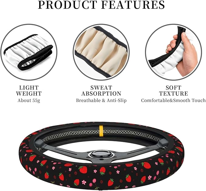 Cherry Strawberry Neoprene Steering Wheel Cover for Men Women Anti-Slip Elastic Steering Wheel Protective Cover 15in Universal Car Accessories Fit Cars, SUVs, Auto