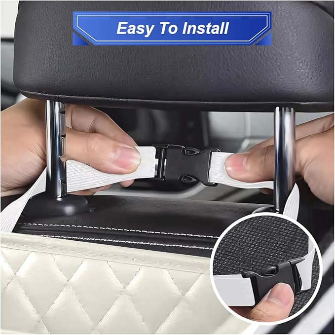 Car Back Seat Organizer, Waterproof Leather Automotive Backseat Hanging Bag with Cup Holders, Large Capacity Car Trash Can, Vehicle Travel Accessories for Most Vehicles (1PC/Beige)