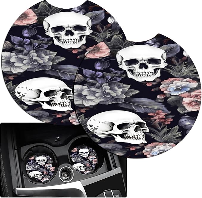 JANENFNA Car Armrest Cover Pads Universal Fashion Cute Auto Center Console Armrest Cover Pad with 2PCS Car Coasters Soft Waterproof Car Armrest Seat Protector for Women,Skulls Flowers