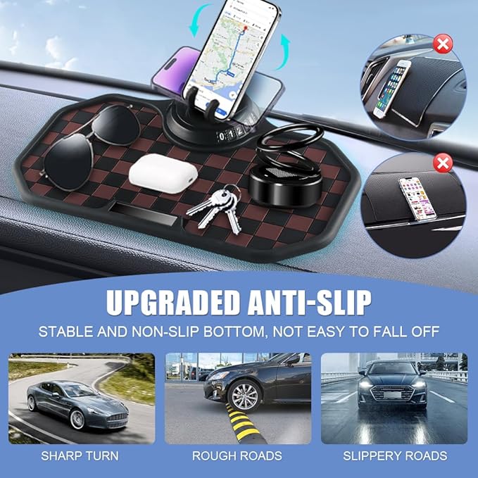 NHHEO Car Anti Slip Mat Dashboard Tray Decorations Sticky Pad Multi Functional Thickened and Widened Washable with 360° Rotating Universal Phone Pad Holder+Number Plate(Black&Brown)
