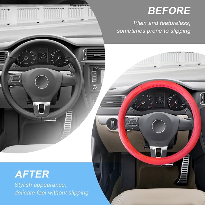 15 Inch Leather Steering Wheel Cover, Breathable Anti-Slip Steering Wheel Protector Cover, Elastic Soft Comfortable Universal Wheel Cover for Men and Women, Car Accessories (Red)