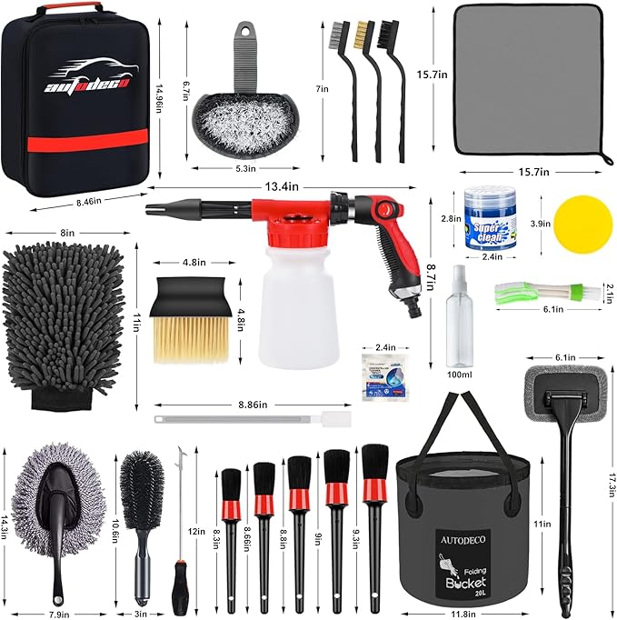 AUTODECO 44Pcs Car Wash Detailing Kit Cleaning Kits with Foam Gun Sprayer Wash Mop with Long Handle Collapsible Bucket Large Wash Mitt Towels Complete Interior Exterior Car Washing Supply Set Black