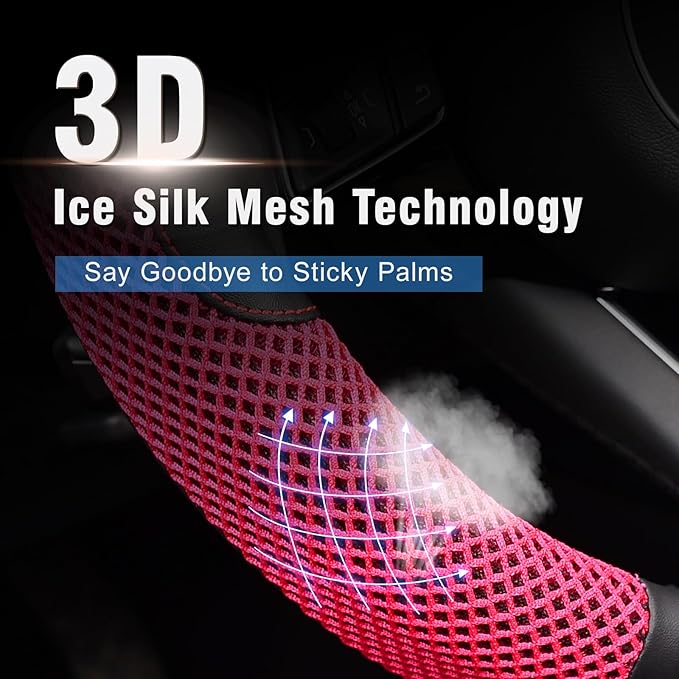 KAFEEK 15 inch Steering Wheel Cover, Cooling Ice Silk Mesh with Microfiber Leather, Heat Resistant, Breathable, Anti-Slip, Summer Cool, Universal Fit, Black & Red