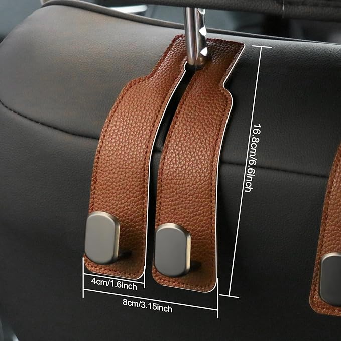2PCS Car Seat Back Storage Headrest Hooks, Genuine Leather Double Metal Hook for Backseat Organizer for Men Women Car Organization Accessories (Brown -Metal Hook)