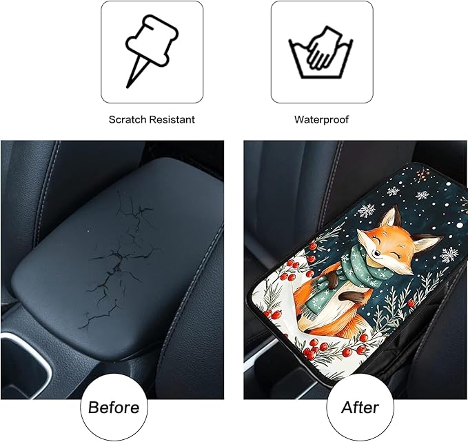 JANENFNA Car Armrest Cover Pads Universal Fashion Cute Auto Center Console Armrest Cover Pad with 2PCS Car Coasters Soft Waterproof Car Armrest Seat Protector for Women,Winter Fox