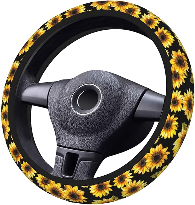Sunflower Flowers Yellow Steering Wheel Cover For Women Men Girls, Car Accessories Decor Thickened Anti-Slip Auto Steering Wheel Covers Protector Universal Fit 15 Inch For Cars, Truck, Suv