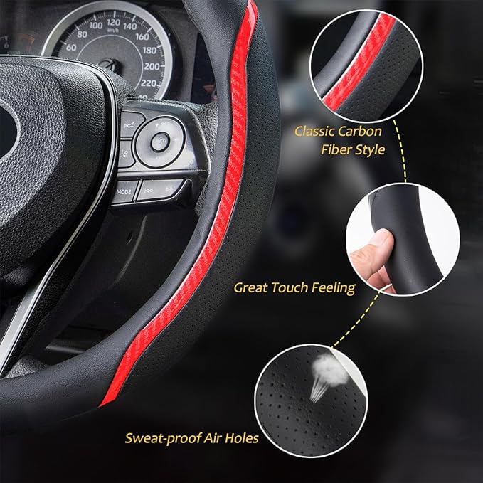 Muamos Steering Wheel Cover Black Red, Carbon Fiber Car Steering Wheel Covers with Coasters Universal 14.5-15 inch Leather Microfiber Breathable Anti-Slip Steering Wheel Accessories Set