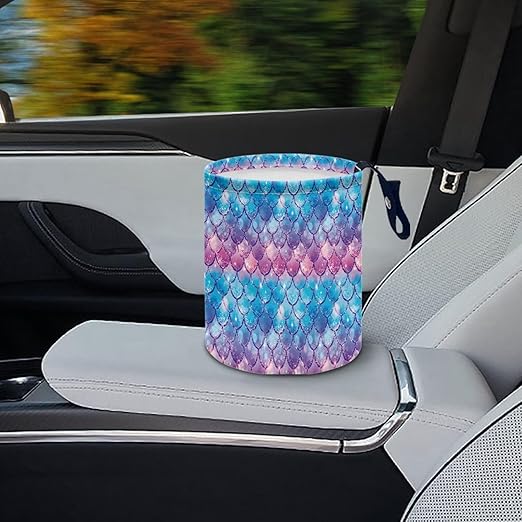 Mermaid Scale Car Trash Bag Portable Garbage Bin Printed for Car Front Seat, Back Seat, Floor, Easy to Clean Accessory Car Interior Decoration