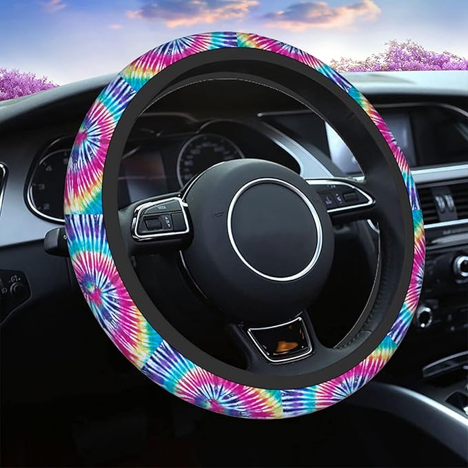 Swono Tie Dye Car Steering Wheel Cover Universal 15 Inch with Grip Contours Spiral Tie Dye Pattern Background Neoprene Auto for Men and Women Non-Slip Breathable Soft