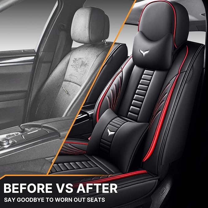 Pengchen Luxury 2 Seats Car Seat Covers Protectors for Lexus 1999-2025 95% Models, Back Storage Bag Design & Headrest Pillow & Lumbar Support Black & Red Line