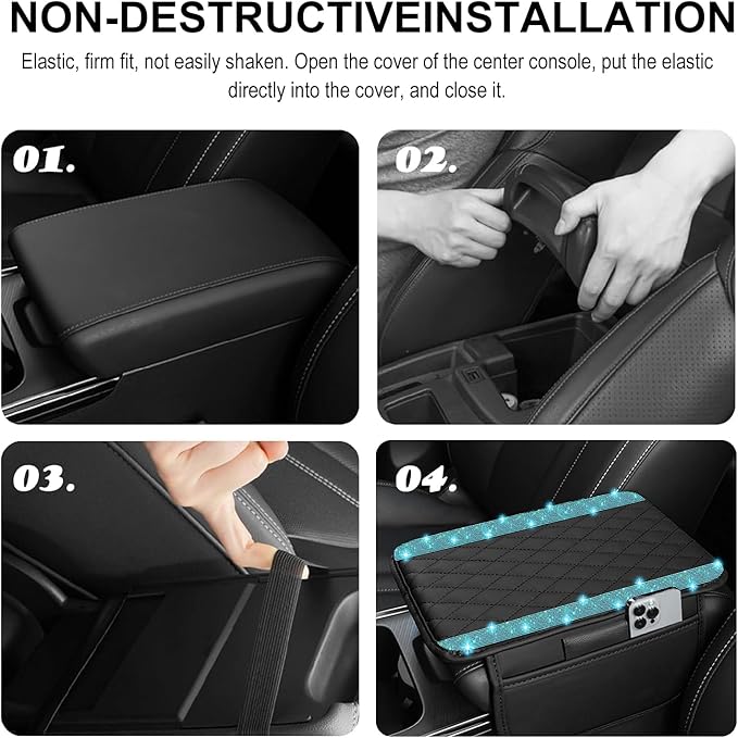 NBTEPEM Bling Car Center Console Cover, Leather Car Arm Rest Cover Cushion with 2 Storage Bags, Universal Auto Armrest Protector Storage Box, Bling Accessories Interior for Most Vehicles (Aquamarine)