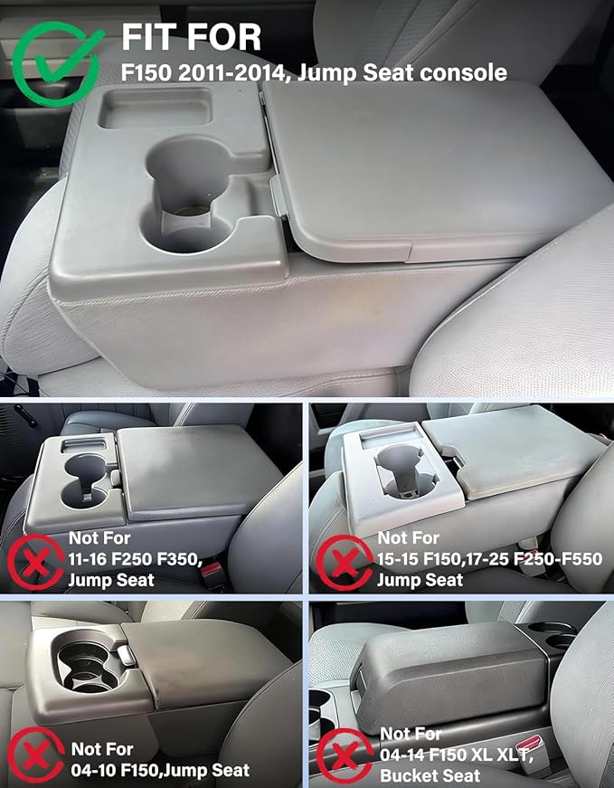 Center Console Armrest Cover for 2011 2012 2013 2014 Ford F150 Accessories, Vinyl Leather Middle Console Lid Protector Cushion Pad, Black(Fits Jump Seat Only)
