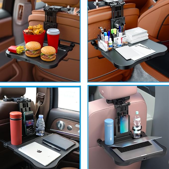 Foldable Travel Tray for Rear Passenger Seat, Car Food Trays for Eating, Car Desk for Laptop Working on The Road with Non-Slip Mat