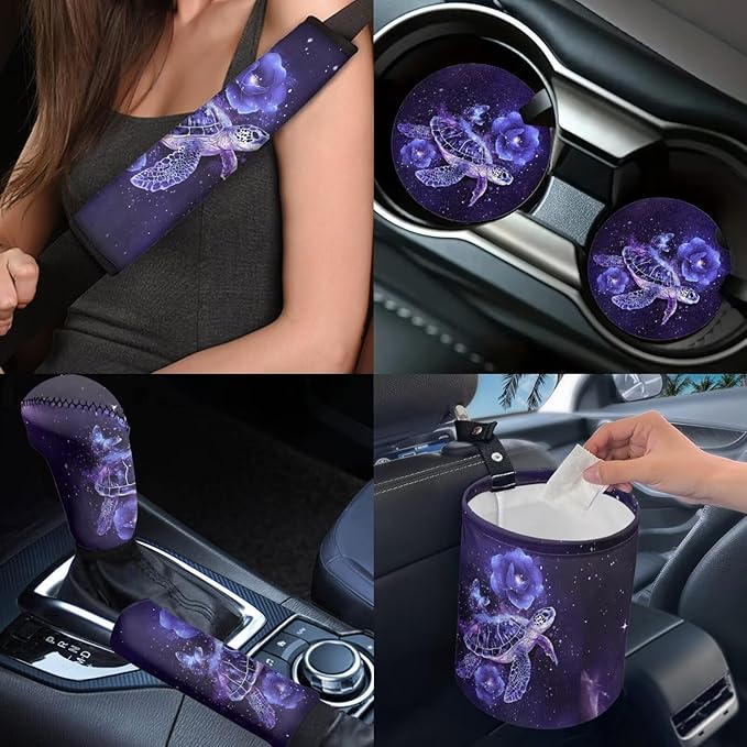 DNGKAOJE Purple Sea Turtle Car Seat Covers Full Set for Men Women Auto Interior Protector Front Back Seat Rugs 13 Pcs Animal Sea Turtle Steering Wheel Cover Car Armrest Pad Cover,Handbrake Shift Cover