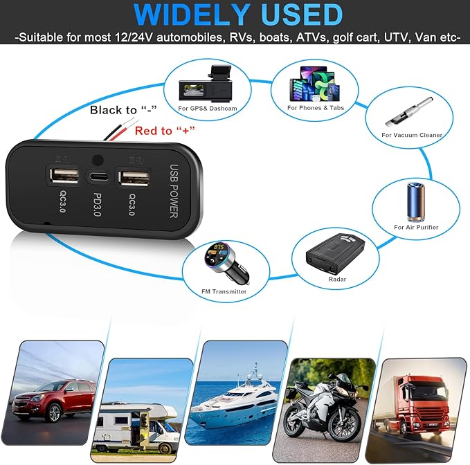 72W 3 Ports 12V RV USB Outlet, 36W PD3.0 Type-C Quick Charge + Dual 18W QC3.0 USB A Panel Wall Mount Car Charger Socket Automotive Multi-Port Adapter for ATV Marine Truck Boat Bus