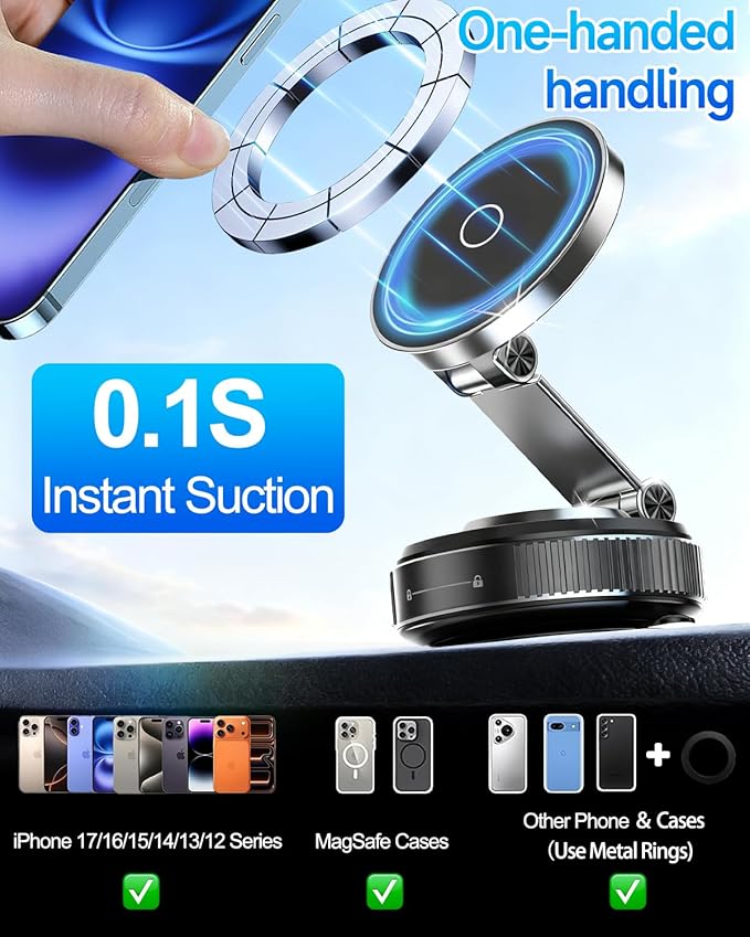 Vacuum Magnetic Car Phone Holder 360° Strongest 120LBS Ultra Suction Cup Phone Mount for MagSafe Dashboard Cell Phone Holders for Your Car/Gym/Mirror Bracket for iPhone 17 & Android, Car Accessories