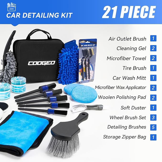 21Pcs Car Detailing Kit,Compelete Car Cleaning Kits Interior Cleaner with Detailing Brushes,Car Wash Kit with Cleaning Gel,Wash Mitt, Car Care Gift for Men