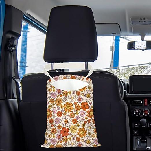 Pykfrhh Car Trash Bag, Car Garbage Bag, Car Trash Bag Hanging, Waterproof Car Back Seat Organizer, Car Trash Can for Car Accessories, Vehicle, Travelling, Camping, Flower Daisy Sunflower Rose Decor